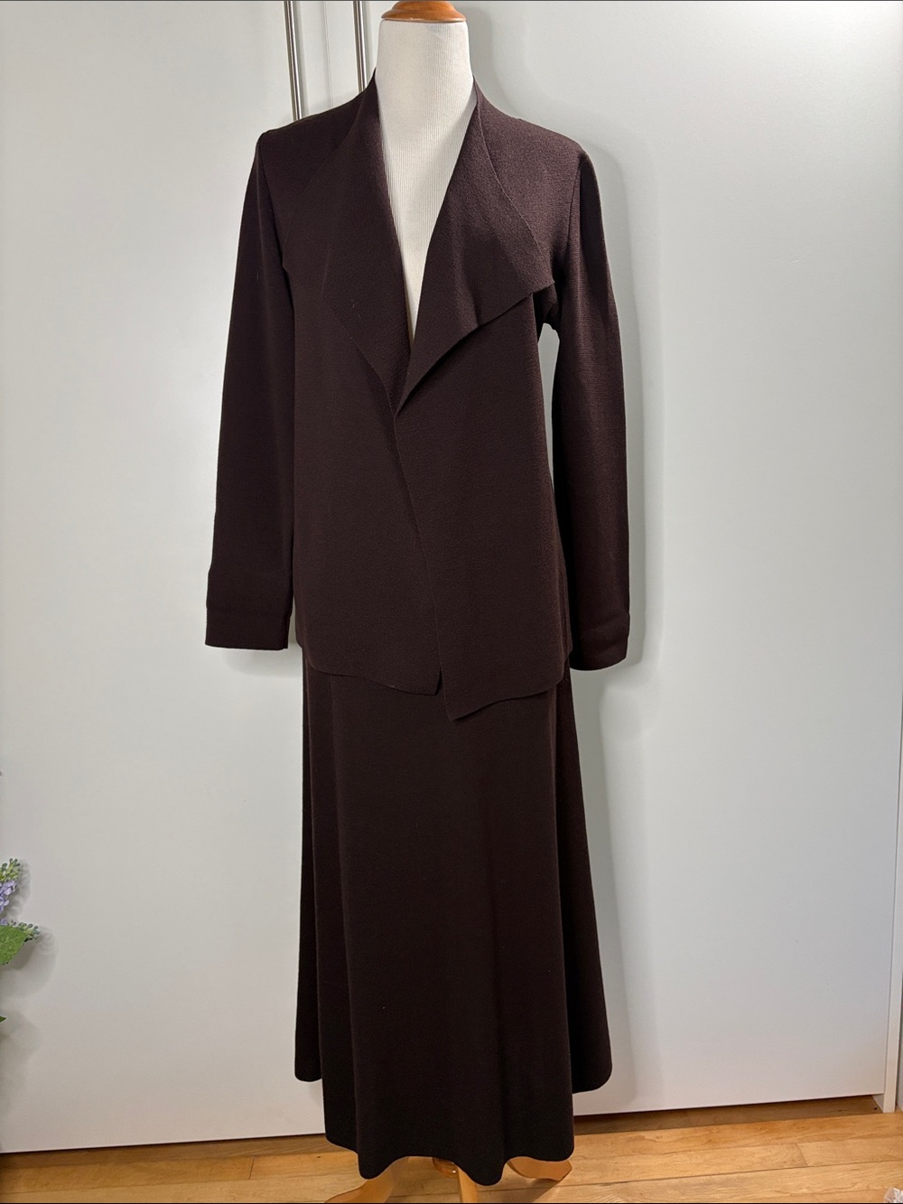Eileen Fisher 100% Wool Dark Brown Two-Piece Fitted Cardigan & Skirt Set L